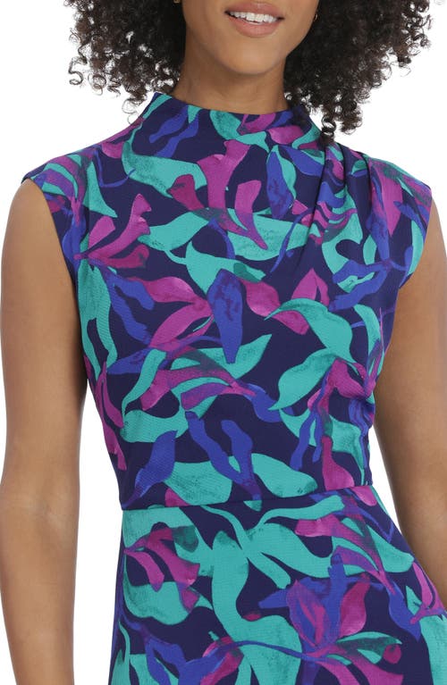 Maggy London Printed Funnel Neck Fit & Flare Dress In Deep Navy/vivid Violet