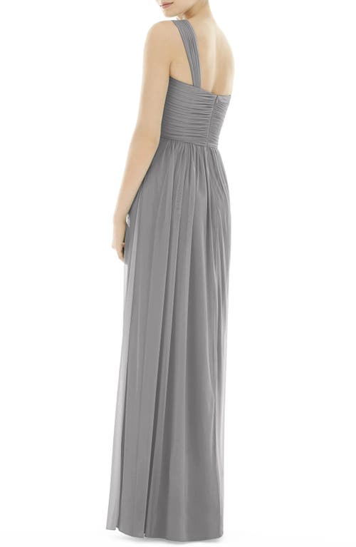 Shop Alfred Sung One-shoulder Shirred Chiffon Gown In Quarry