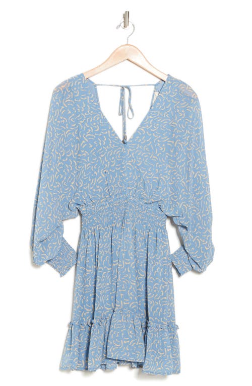 Shop Lovestitch Split Smocked Sleeve Minidress In Dusty Blue/natural