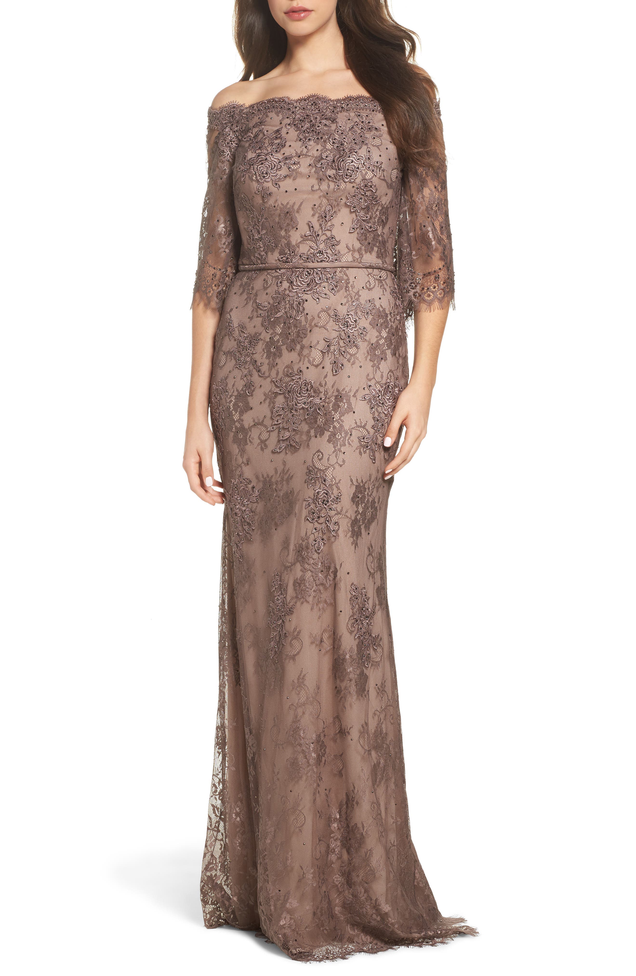 La Femme Off The Shoulder Lace Gown, Brown