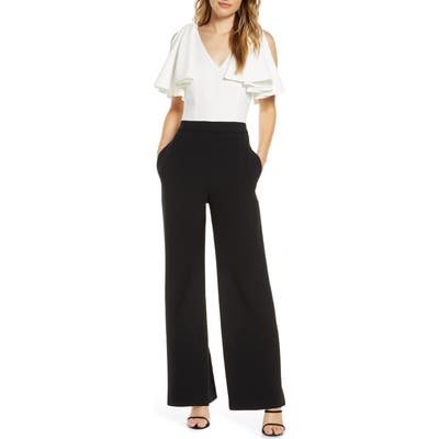 Eliza J Two-Tone Bow Draped Shoulder Jumpsuit, Black