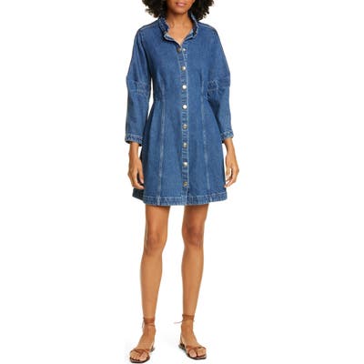 Sea Marble Ruffle Neck Denim Minidress, Blue