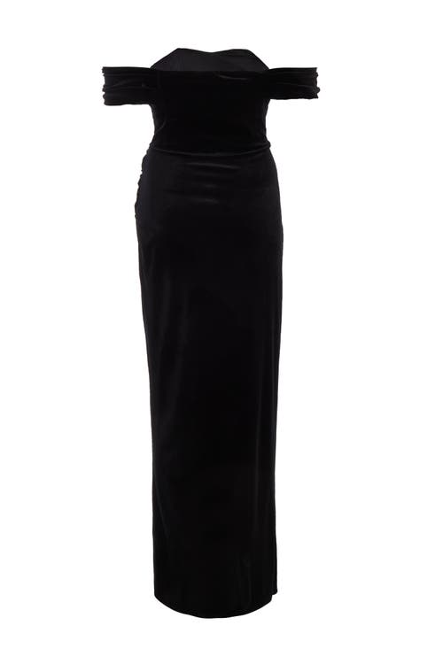 Shop Quiz Velvet Cowl Bardot Maxi Dress In Black