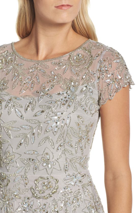 Pisarro Nights Beaded Mesh Mock Two-piece Gown In Silver