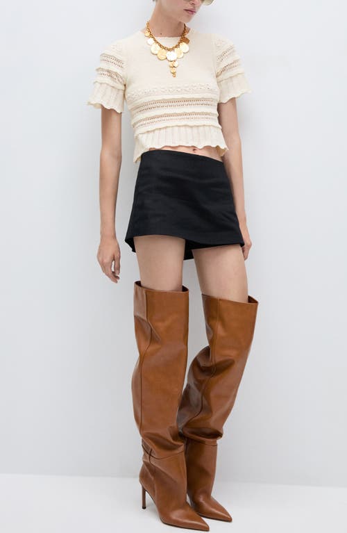 Mango Open Stitch Accent Short Sleeve Crop Sweater In Ecru