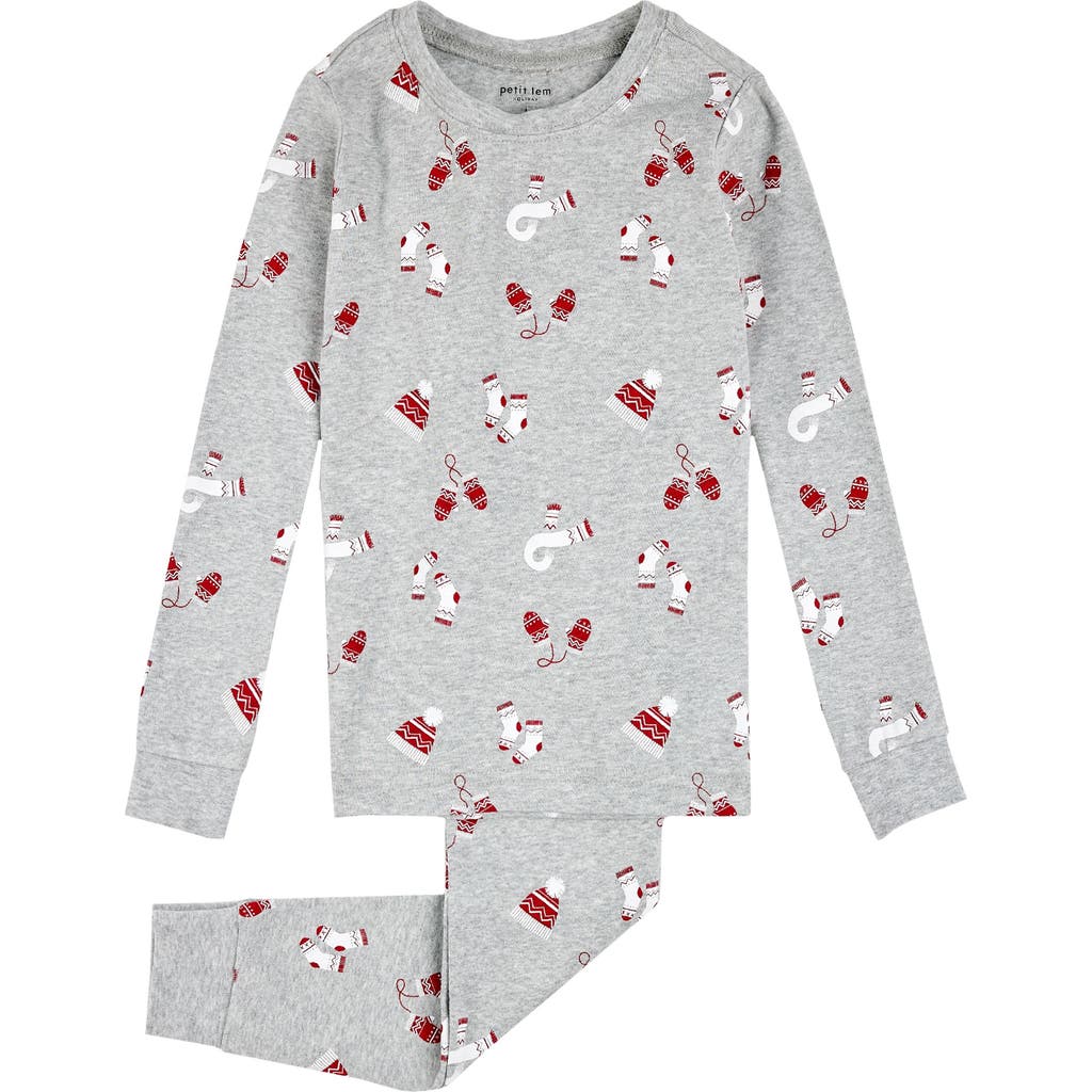 FIRSTS by Petit Lem Kids' Holiday Print Fitted Two-Piece Organic Cotton Pajamas in Medium Heather Grey