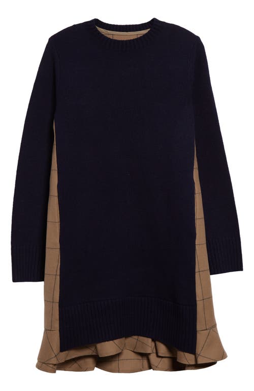 Shop Sacai Windowpane Mixed Media Long Sleeve Sweater Dress In Navy X Beige