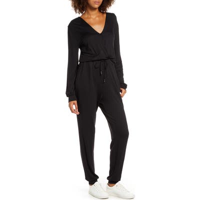 Fraiche By J Faux Wrap Jumpsuit, Black