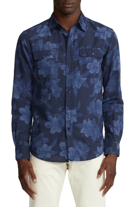 Shop Ralph Lauren Purple Label Cooper Floral Print Cotton & Linen Sport Shirt In Navy