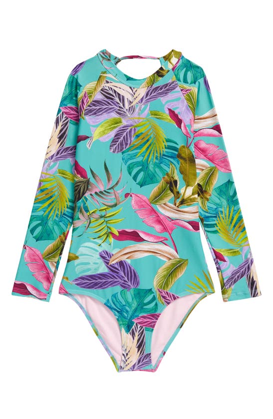 Beach Lingo Kids' Print Long Sleeve Rashguard Swimsuit In Teal | ModeSens