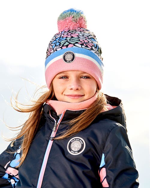 Deux Par Deux Girl's Knit Hat Blue, Pink And White Retro Flowers In Flowers Jacquard