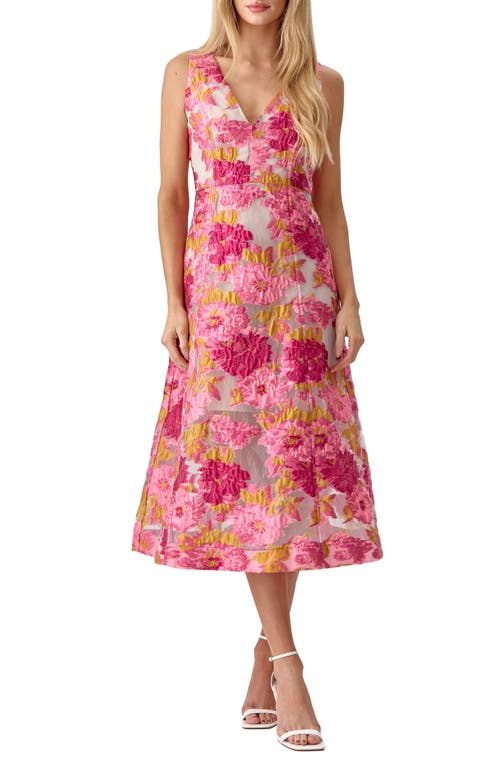 Agnes Floral Jacquard Midi Dress in Pink Yellow