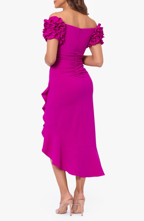 Shop Xscape Evenings Ruffle Off The Shoulder Midi Cocktail Dress In New Fuchsia