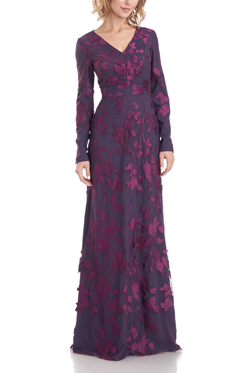 JS COLLECTIONS Tersea Long Sleeve A-Line Gown, Main, color, CABERNET/ DARK MIDNIGHT