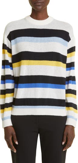 Oversized, wool and cashmere sweater with black and white stripes