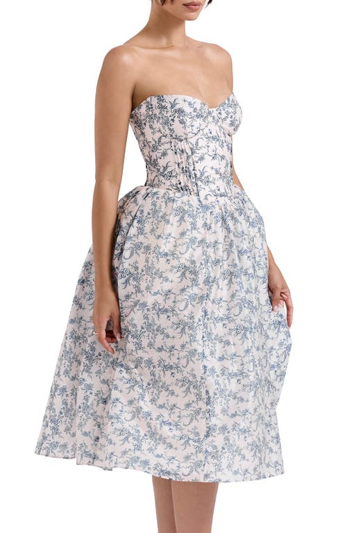 House Of Cb Womens English Porcelain Bennett Graphic-print Strapless Cotton-blend Midi Dress In Navy Cream Floral