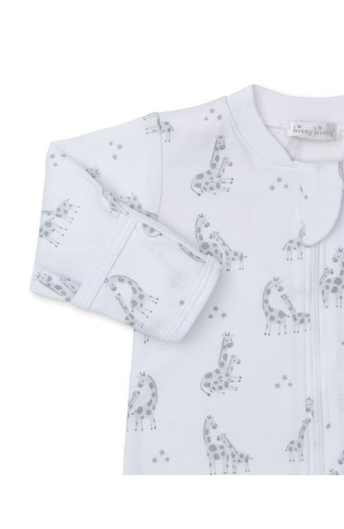 Shop Kissy Kissy Giraffe Print Pima Cotton Zip Footie In Silver