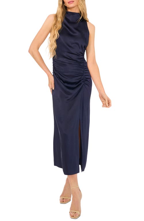 The Ayla Ruched Satin Midi Dress in Classic Navy Blue