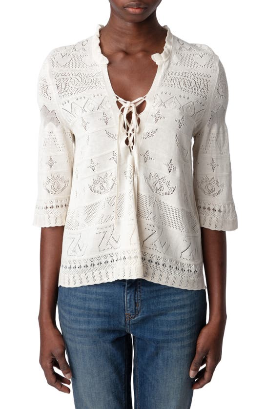 Zadig & Voltaire Taho Lace-up Pointelle Knit Sweater In Ecru