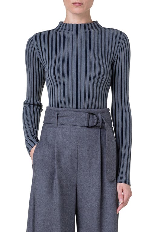Akris punto Vertical Stripe Wool Milano Stitch Sweater in 859 Black-Slate at Nordstrom, Size 16