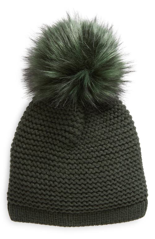 Wool Blend Beanie with Faux Fur Pompom in Olive
