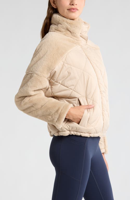 Shop Zella Faux Fur Mixed Media Quilted Jacket In Tan Oxford
