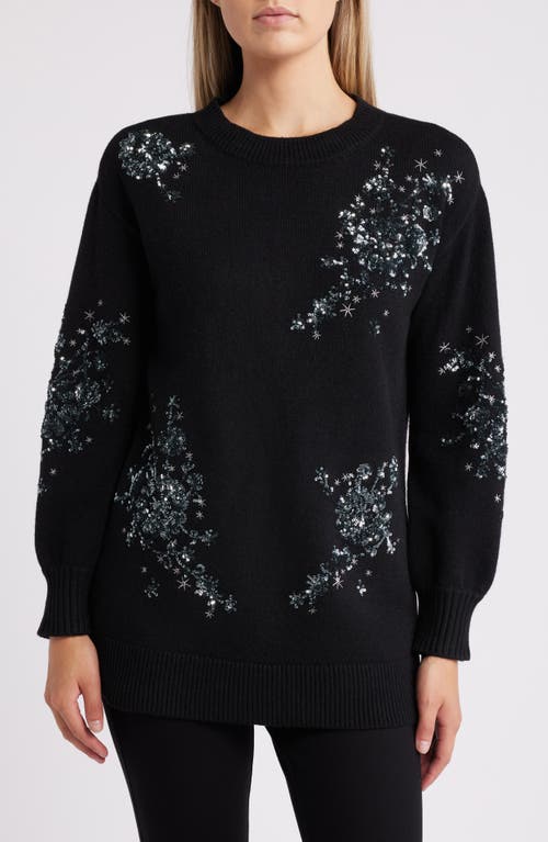 Anne Klein Floral Sequin Crewneck Tunic Sweater In Anne Black