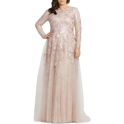 Plus Size MAC Duggal Floral Lace Applique Long Sleeve Ballgown, Pink