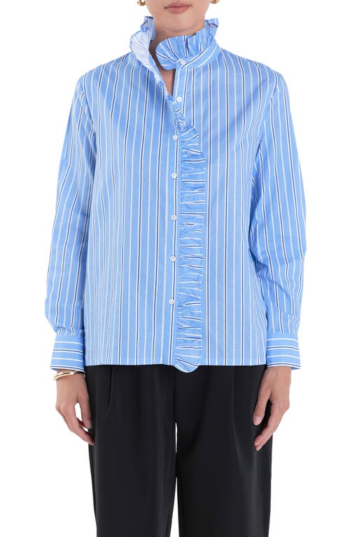 Shop English Factory Stripe Ruffle Shirt In Blue/white