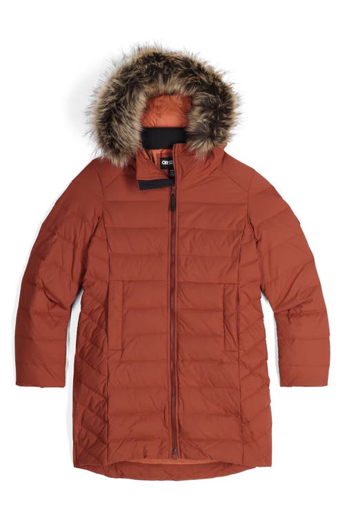 Shop Outdoor Research Coze Lux 700 Fill Power Down Parka With Faux Fur Trim Hood In Brick