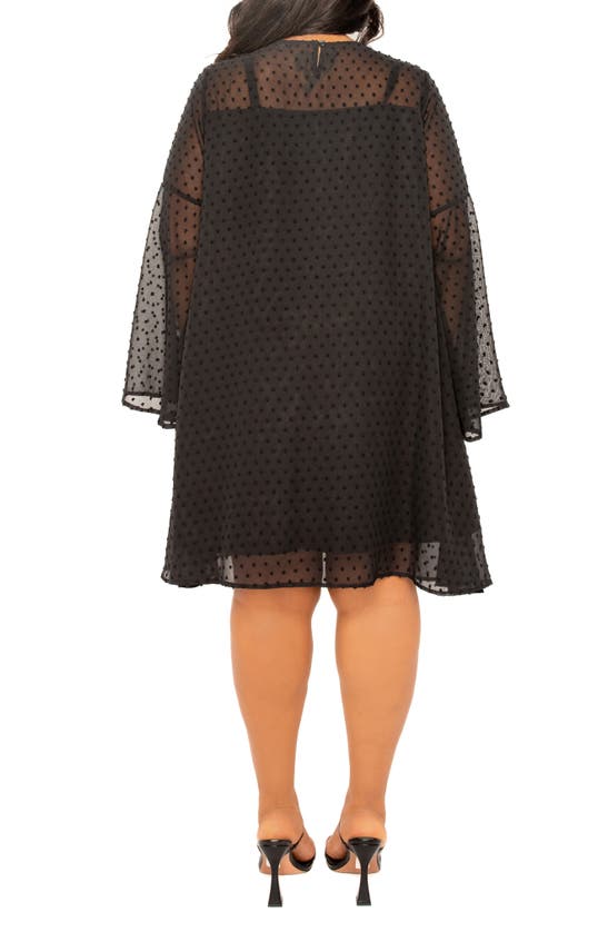 Buxom Couture Swiss Dot Long Sleeve Chiffon Shift Dress In Black