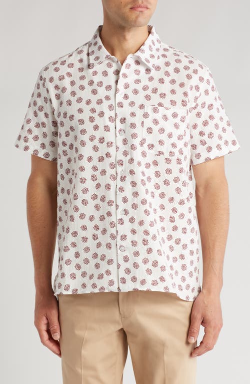 Floral Graphic Short Sleeve Cotton Button-Up Shirt in White Dobby Floral