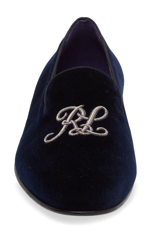 Shop Ralph Lauren Purple Label Alonzo Monogram Velvet Loafer In Navy/silver