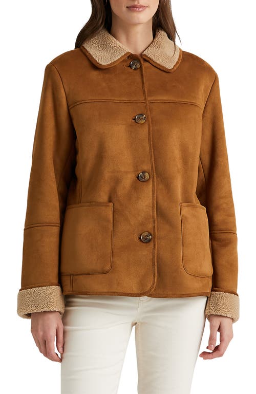 Lauren Ralph Faux Suede Jacket with Shearling Trim Cognac at Nordstrom,