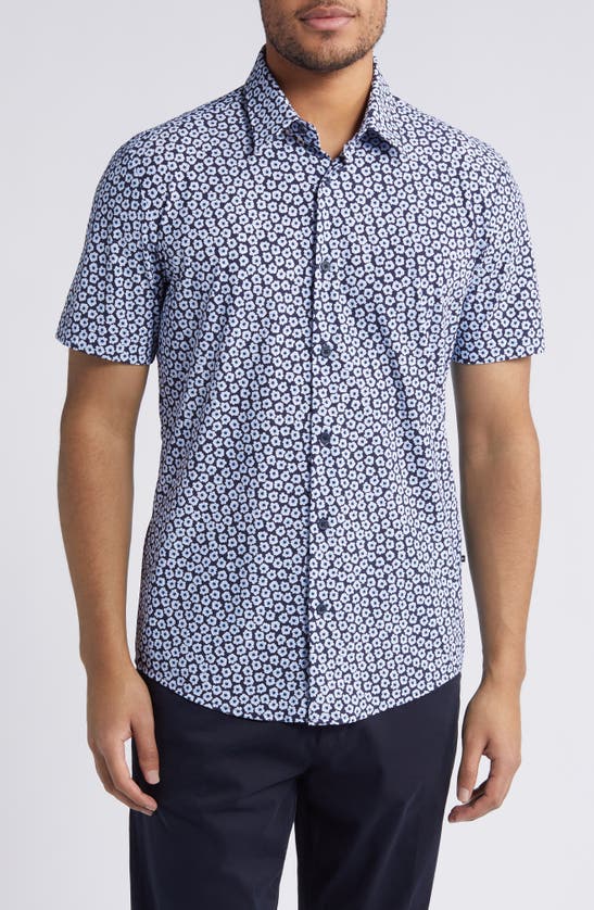 Shop Hugo Boss Boss Roan Floral Short Sleeve Stretch Button-up Shirt In Navy