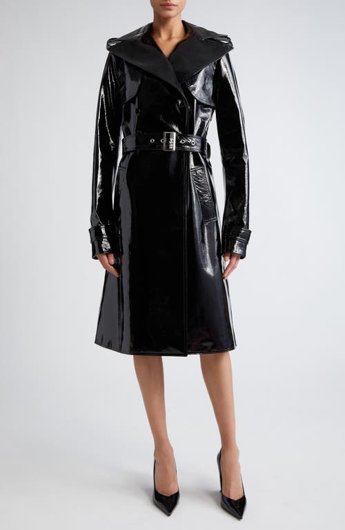 Crinkle Patent Leather Trench Coat in Black