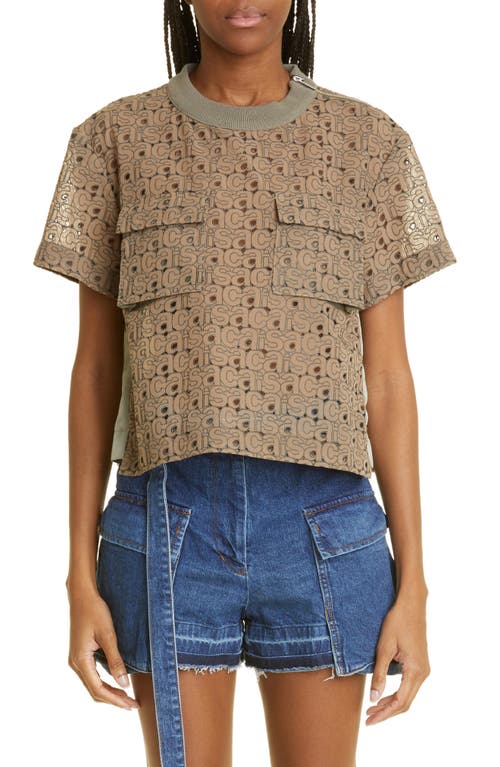 Sacai Logo Embroidered Lace Top in Beige
