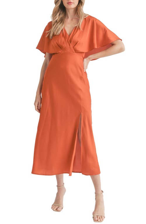 Mila Mae Flutter Sleeve Satin Midi Dress in Rust
