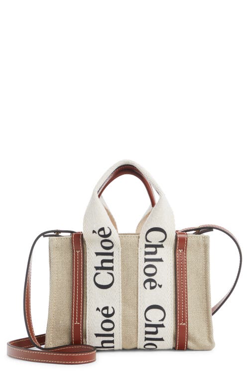 Chloé Small Woody Logo Strap Linen Tote in White - Blue