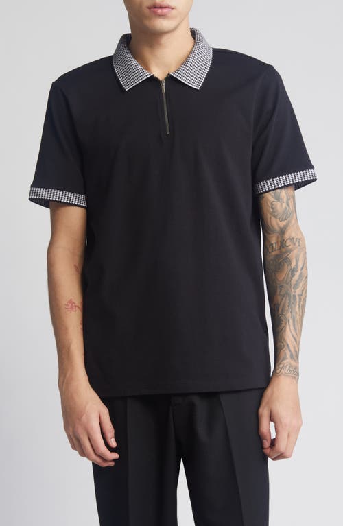 Houndstooth Collar Zip Polo in Black