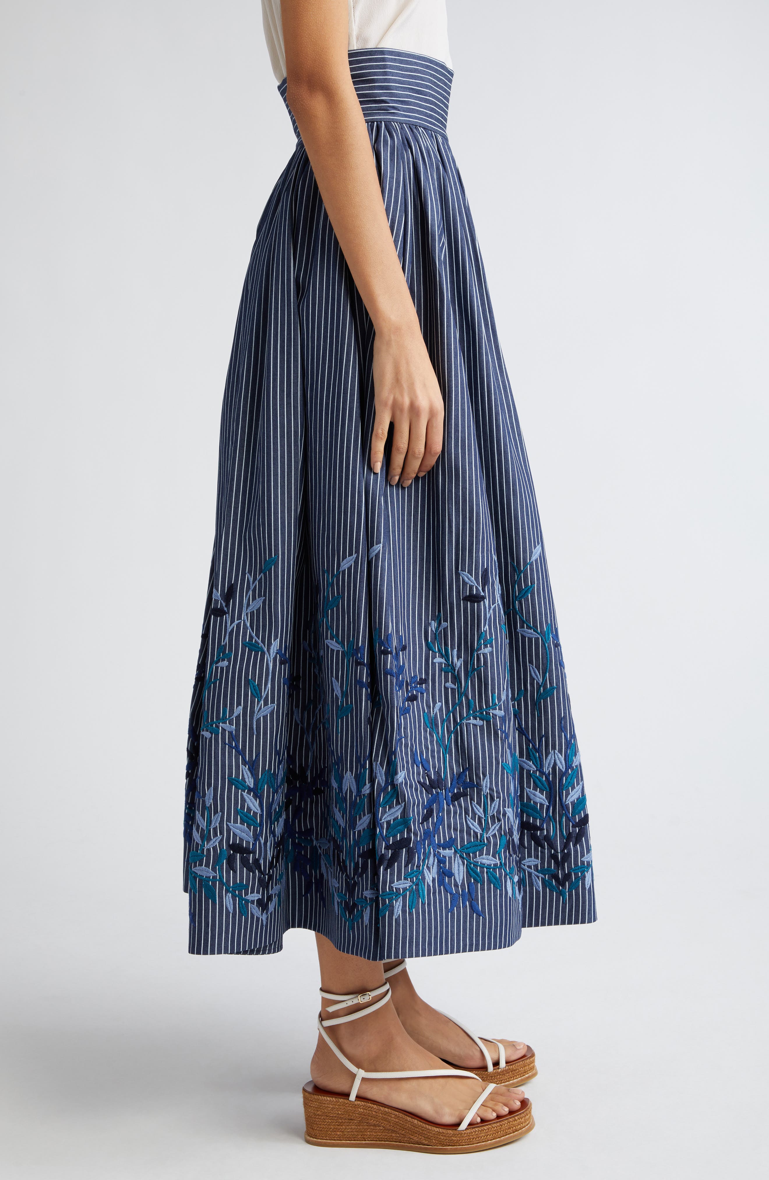 Loretta Caponi Vanessa Floral Embroidered Stripe A-Line Skirt in Blue Denim  Leaves | Smart Closet