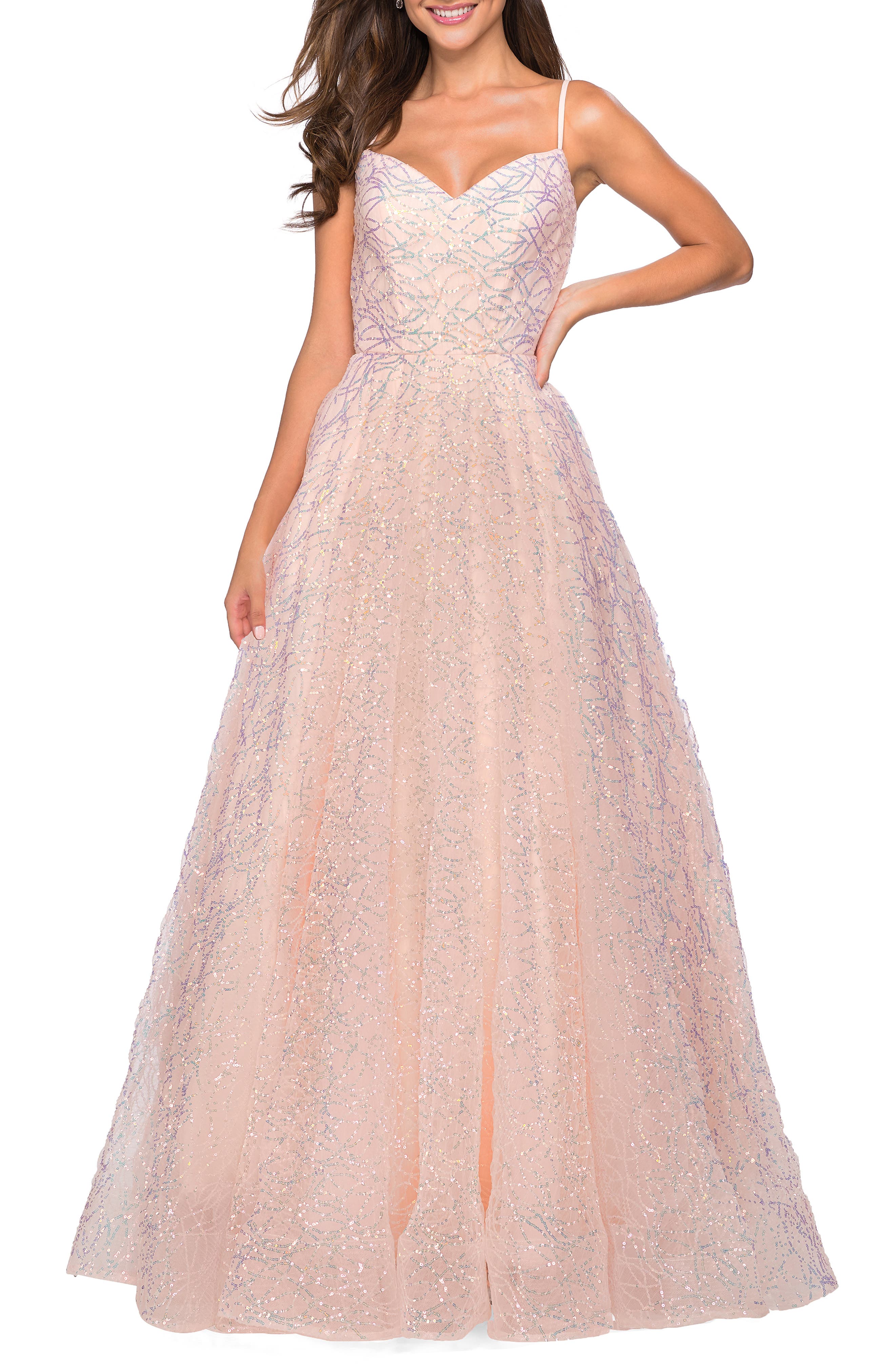 La Femme Rainbow Sequin A-Line Gown 