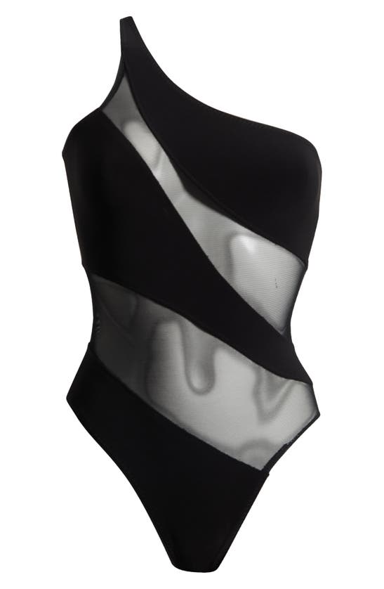 Shop Norma Kamali Snake Mesh One-shoulder Swimsuit In Black