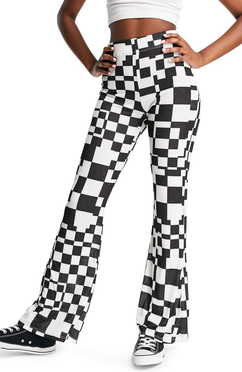 TOPSHOP Co-ord Checkerboard Flare Trousers, Main, color, BLACK/ WHITE