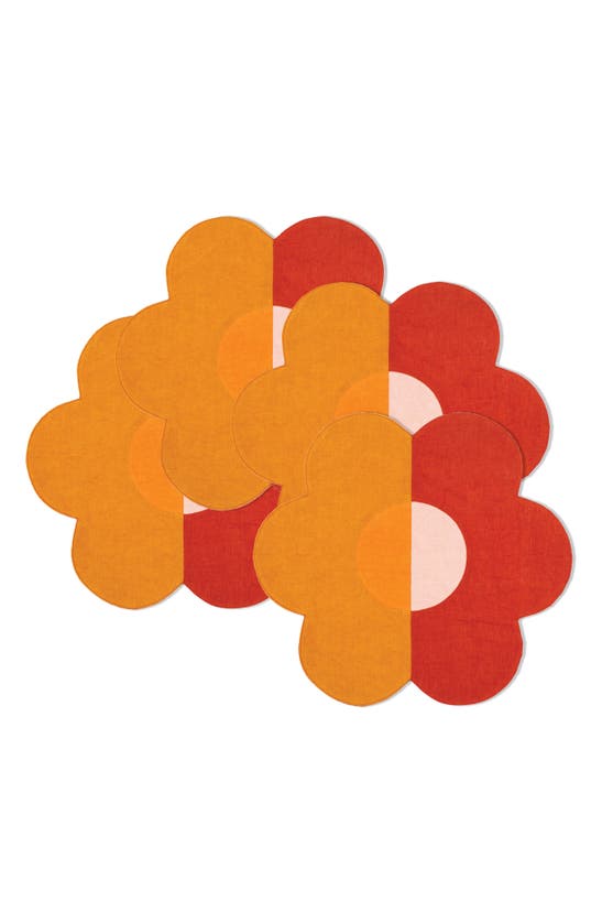 Misette Set Of 4 Patchwork Linen Placemats In Floral Group - Red/ Amber