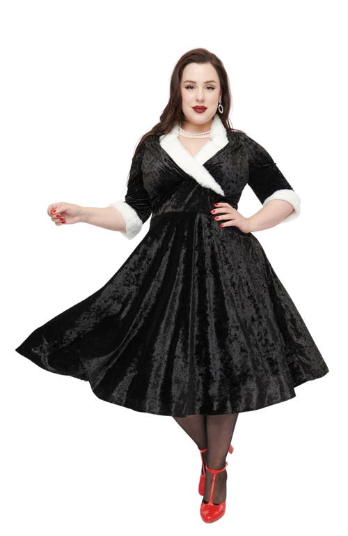 Unique Vintage Plus Size Half Sleeve Surplice Delores Swing Dress In Black Velvet