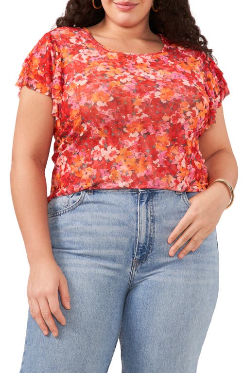 Floral Flutter Sleeve Mesh T-Shirt in Tulip Red