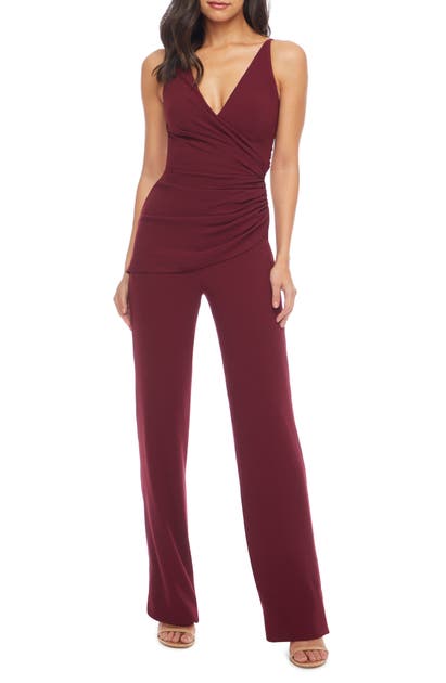 Dress The Population Sam Ruched Jumpsuit In Burgundy