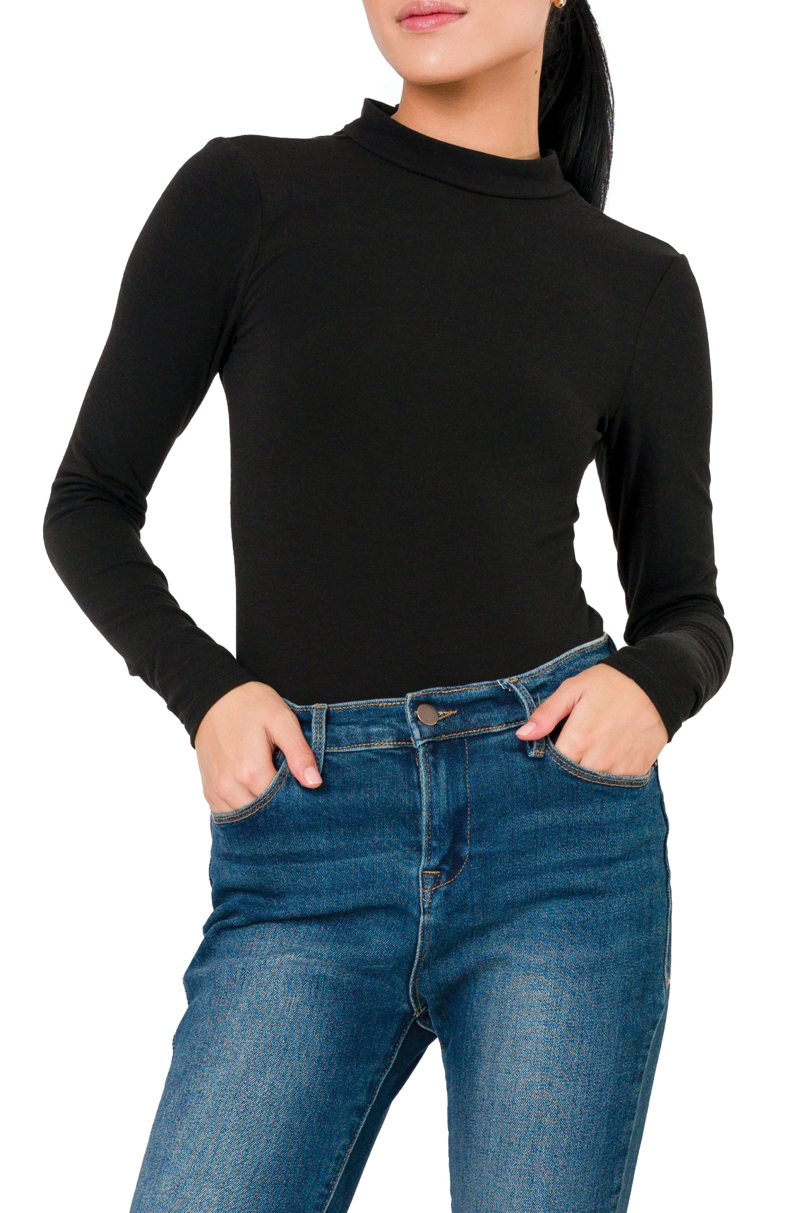 GIBSONLOOK Mock Neck Long Sleeve Thong Bodysuit in Black 