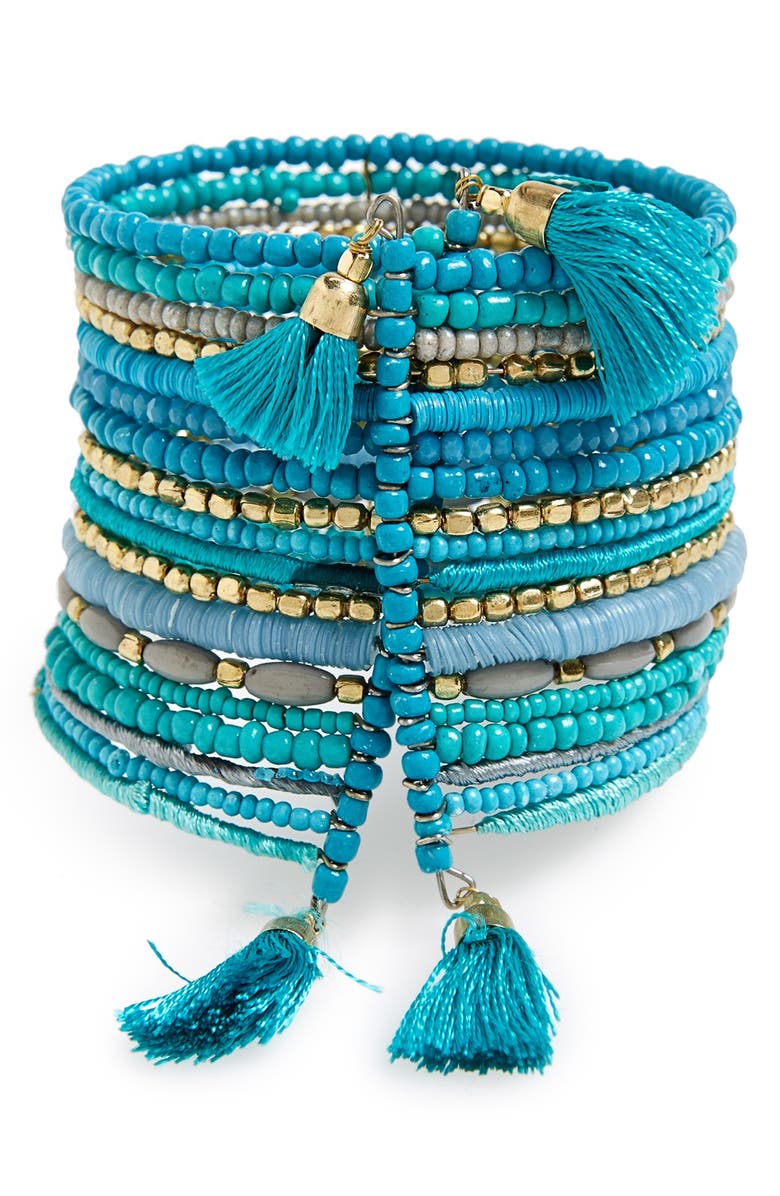 BP. Beaded Multi-Strand Tassel Cuff, Main, color, TURQUOISE